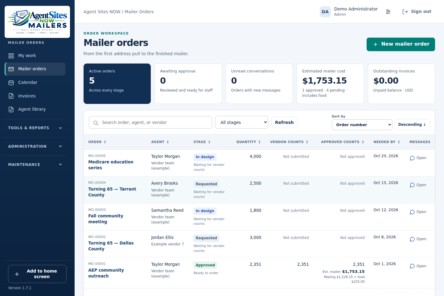 Mailer orders overview with counts, estimates, and order stages.
