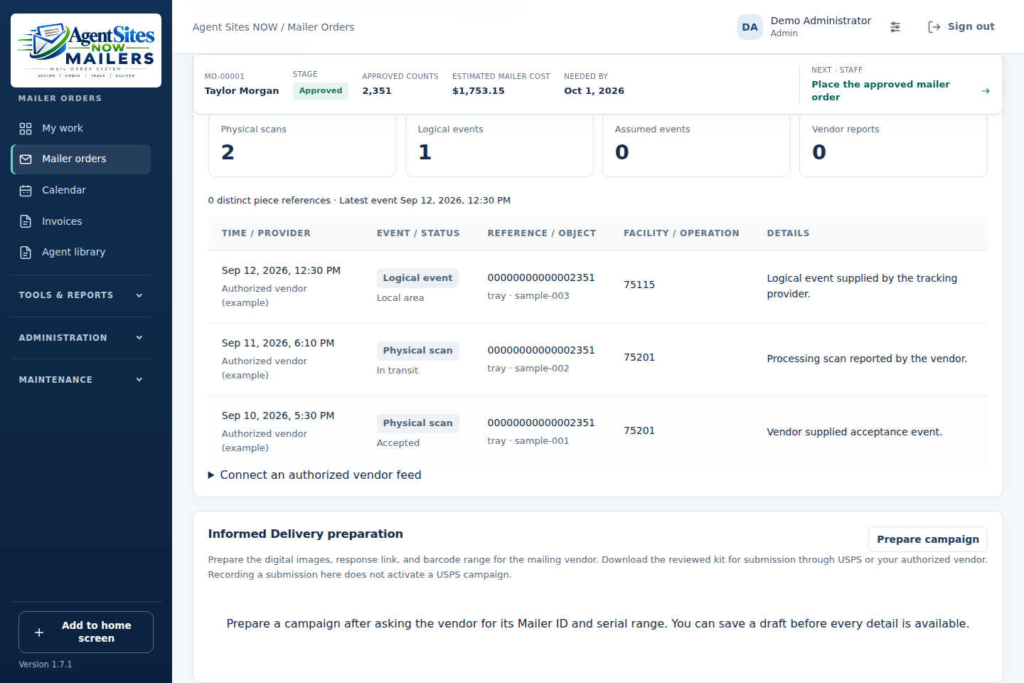 Postal tracking events and Informed Delivery campaign preparation.