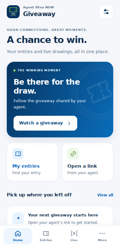 The participant mobile app showing Watch a giveaway, My entries and Open a link