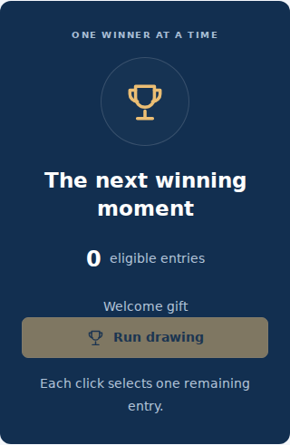 Draw controls showing eligible entries and the Run drawing button
