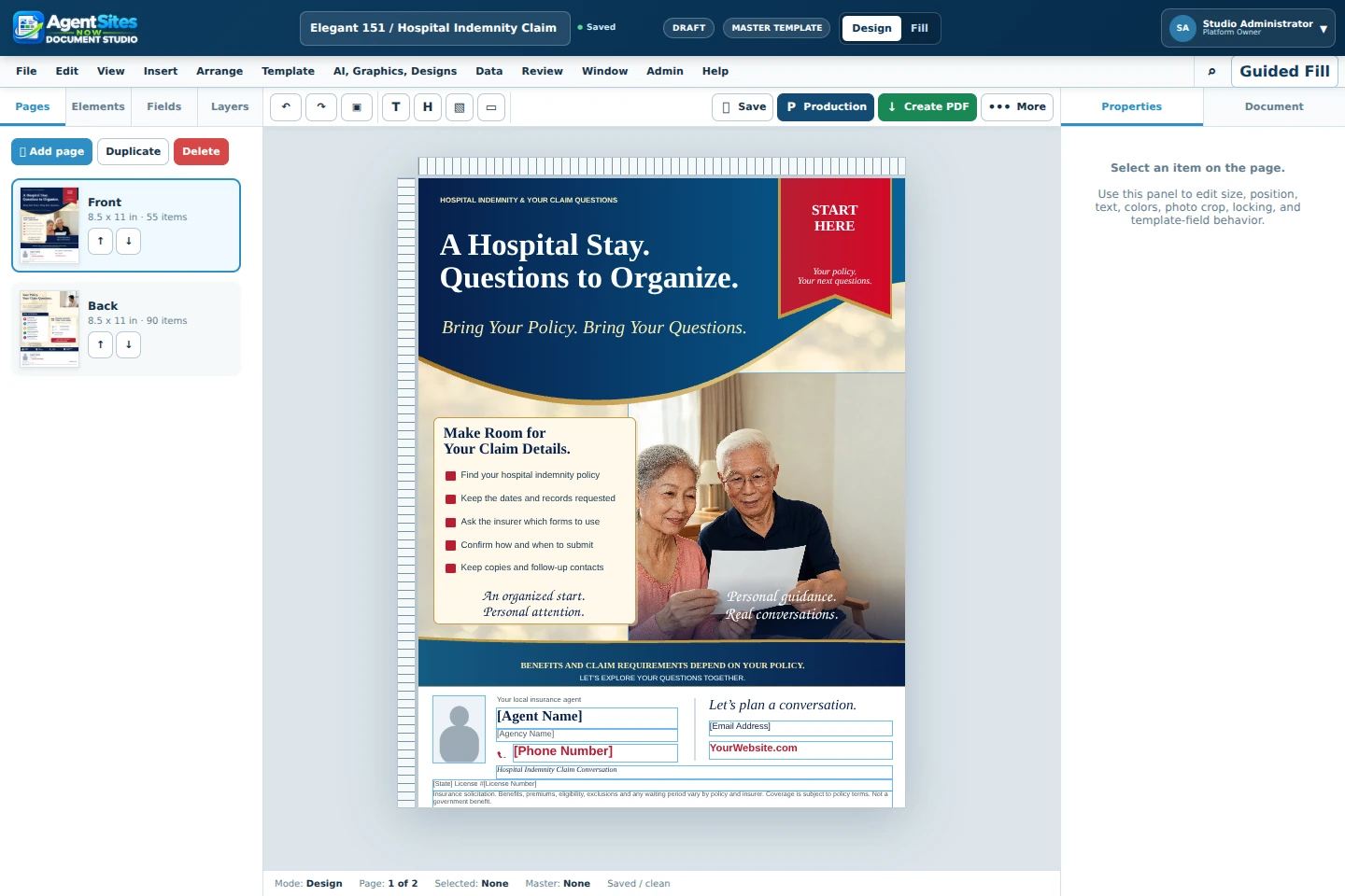 Actual Document Studio editor with an editable mailer, linked fields and design controls