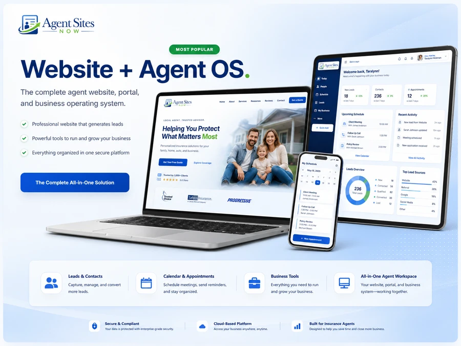 Website plus Agent OS plan preview showing the Agent Sites NOW website, dashboard, leads, calendar, and business tools.