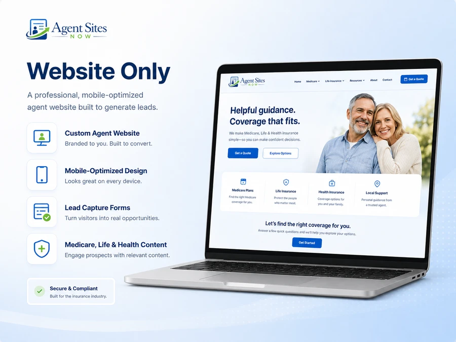Website Only plan preview showing a professional Agent Sites NOW insurance agent website on a laptop.