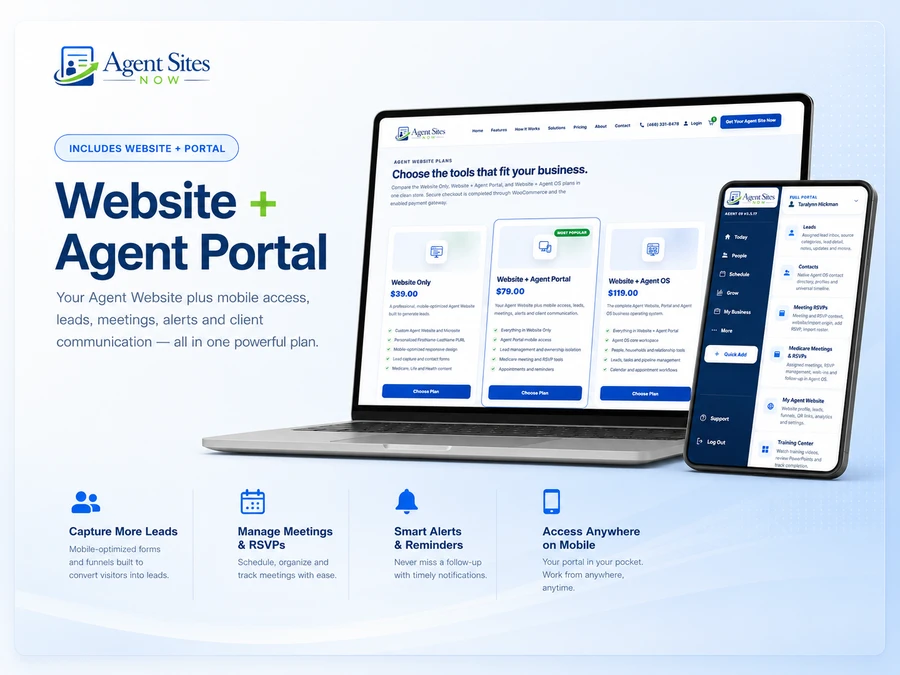 Website plus Agent Portal plan preview showing the Agent Sites NOW website and mobile Agent Portal.