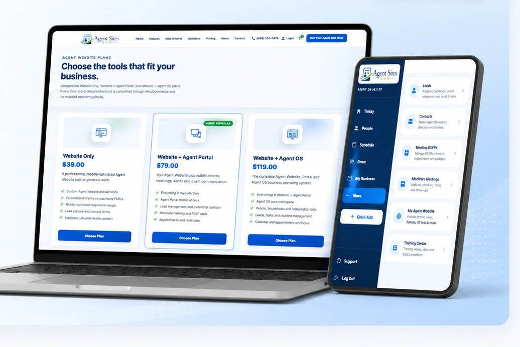 Agent Sites NOW website plans and mobile Agent Portal shown together on a laptop and phone.
